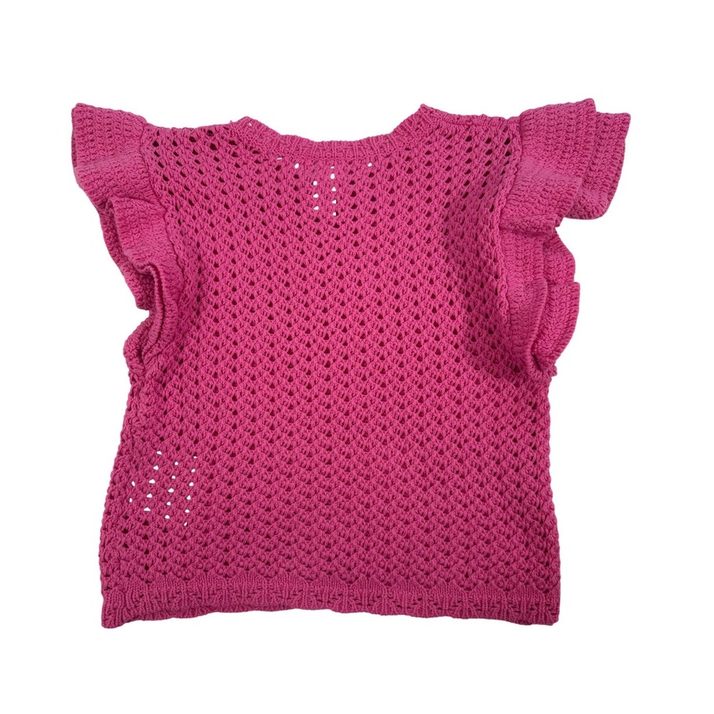 H&M Women's XS Fuchsia Pink Crochet Knit Ruffle Sleeve Top Open Weave‎ Crew Neck - Picture 2 of 5